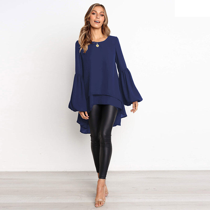 New women's puff sleeves irregular hem solid color long-sleeved shirt