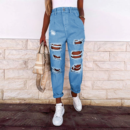 Straight Hole Jeans Women Pants Elasticity Waist Solid Skinny Casual Pant For Women 2021 Summer Autumn Fashion Trousers Female