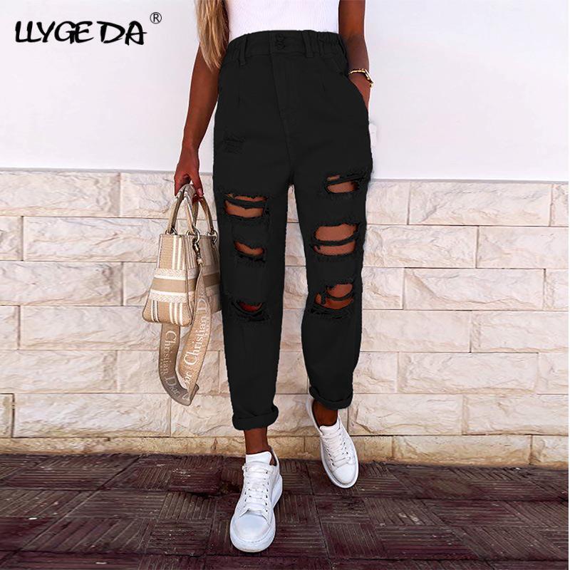 Straight Hole Jeans Women Pants Elasticity Waist Solid Skinny Casual Pant For Women 2021 Summer Autumn Fashion Trousers Female