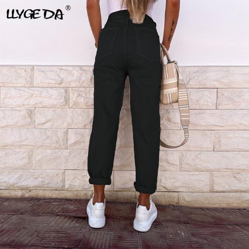 Straight Hole Jeans Women Pants Elasticity Waist Solid Skinny Casual Pant For Women 2021 Summer Autumn Fashion Trousers Female