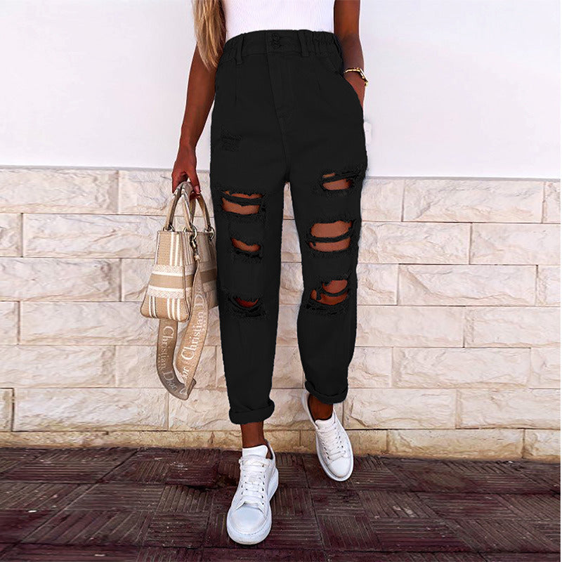 Straight Hole Jeans Women Pants Elasticity Waist Solid Skinny Casual Pant For Women 2021 Summer Autumn Fashion Trousers Female