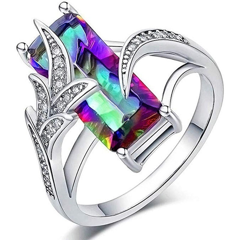 925 Silver Plated Rainbow Square Topaz Ring