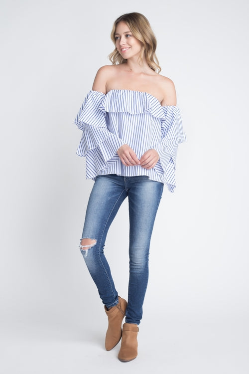 Women's Off Shoulder Stripe Ruffle Long Sleeve Top