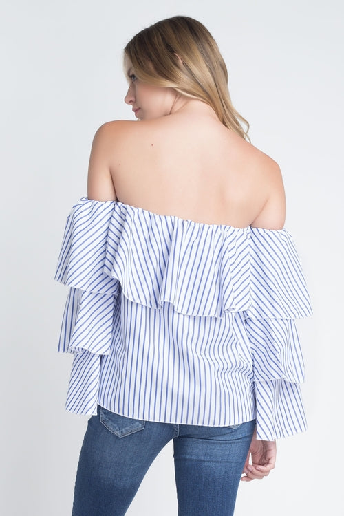 Women's Off Shoulder Stripe Ruffle Long Sleeve Top