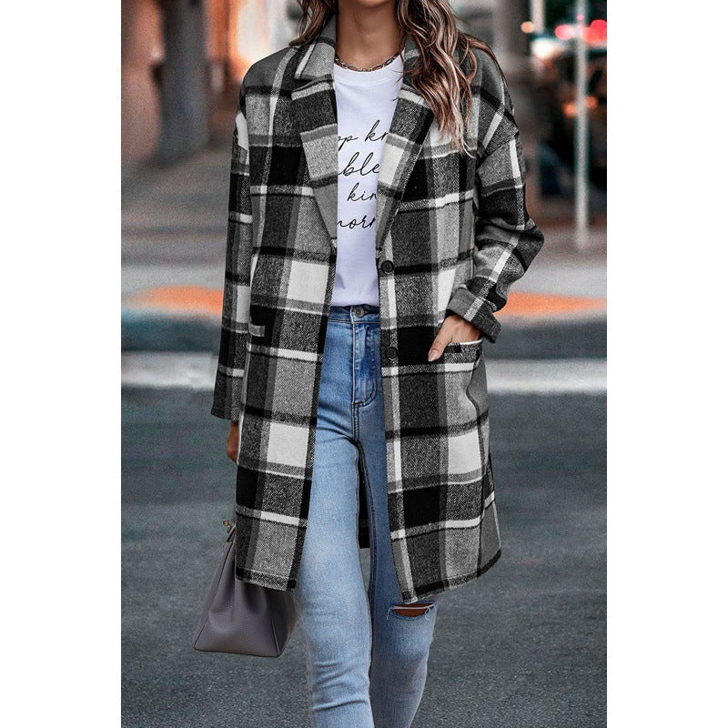 Women's Lapel Pocket Plaid Wool Coat