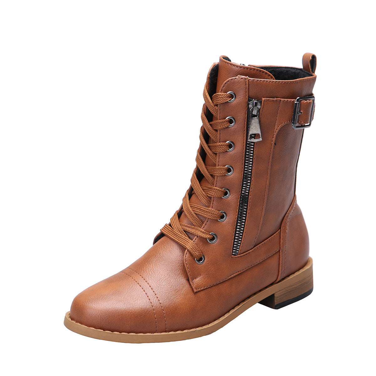 Women's casual thick-heeled solid-color leather boots