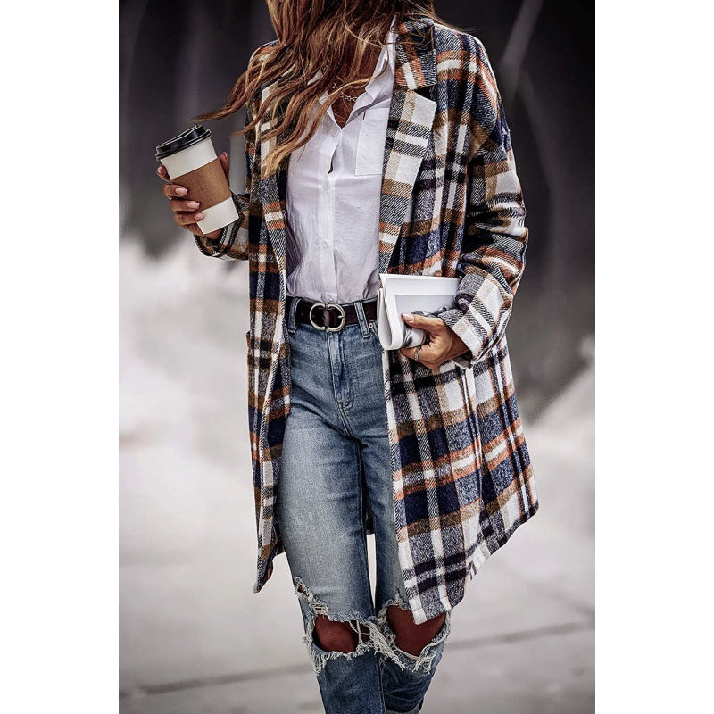 Women's Lapel Pocket Plaid Wool Coat