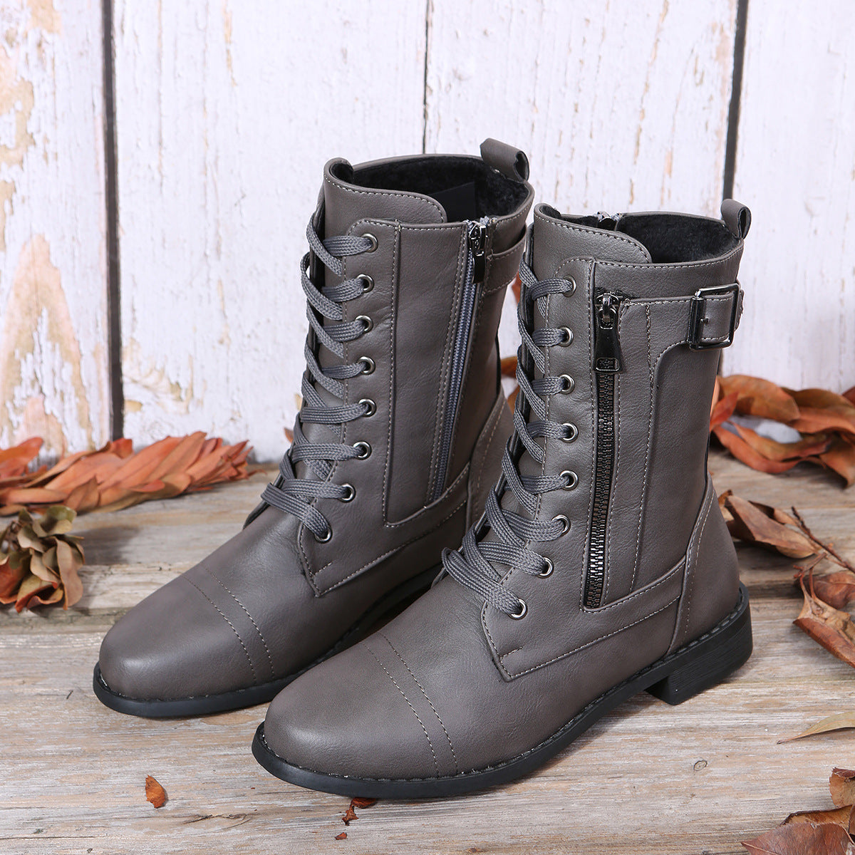 Women's casual thick-heeled solid-color leather boots