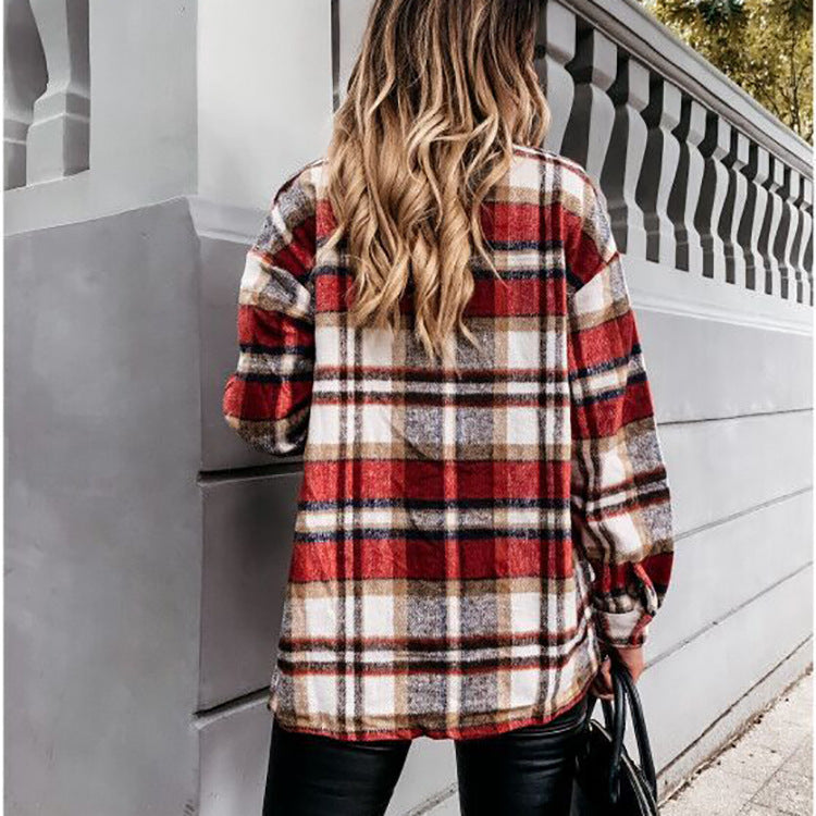 Women's long-sleeved single-breasted casual plaid shirt jacket