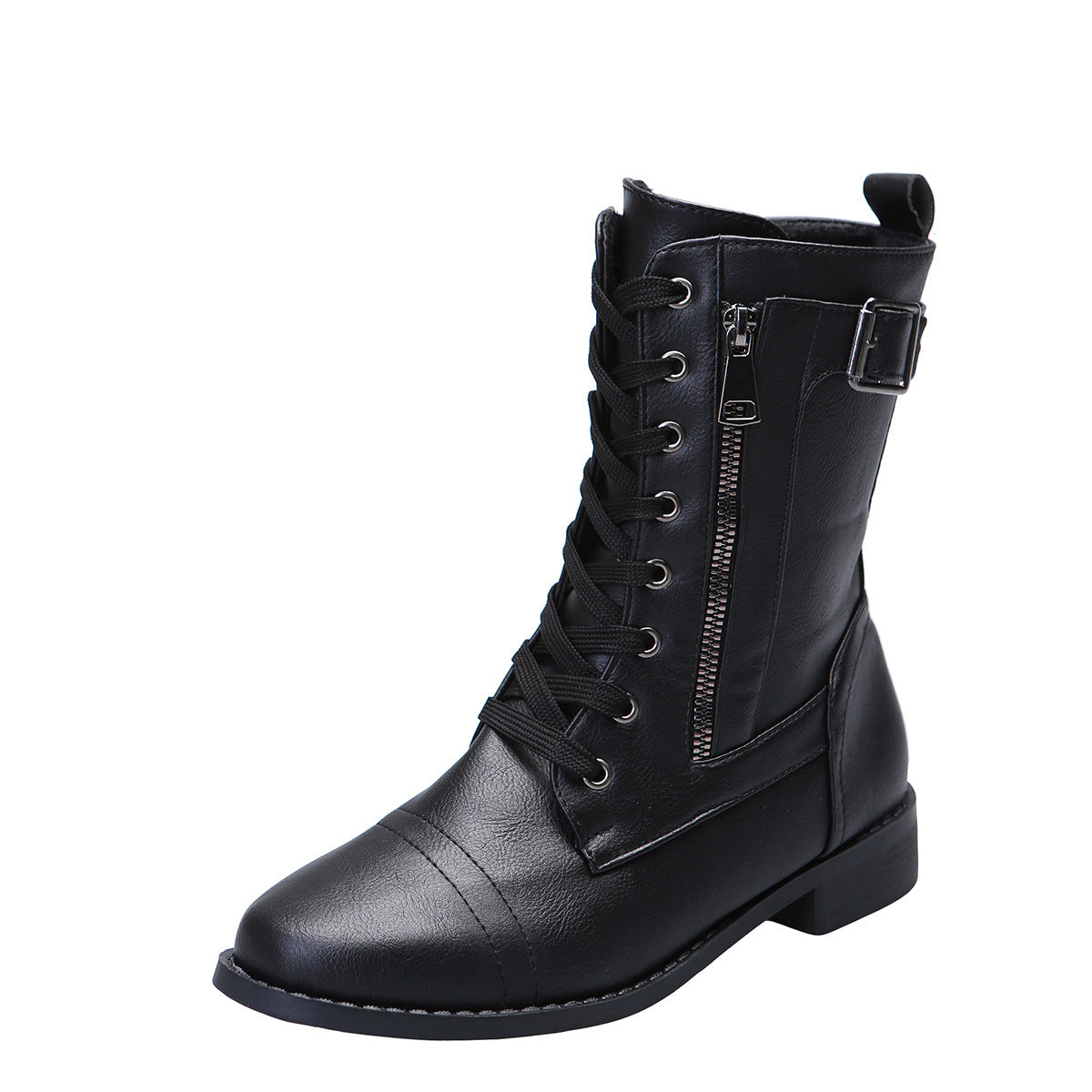 Women's casual thick-heeled solid-color leather boots