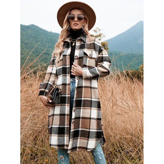 windbreaker jacket side slit lapel loose woolen plaid shirt jacket spot