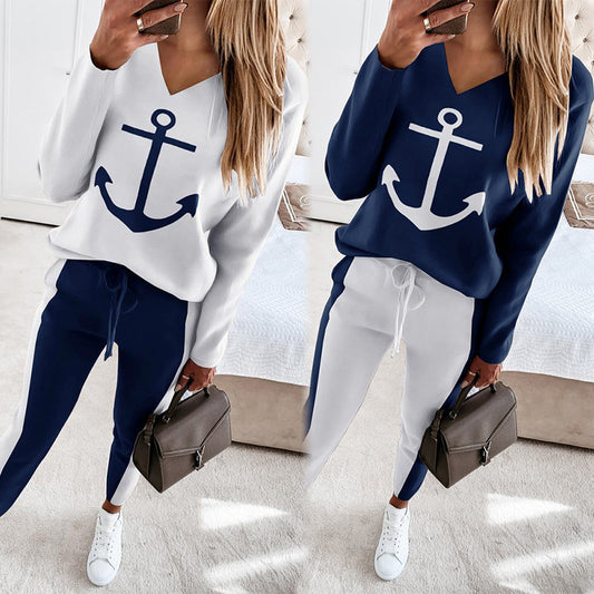 Women's wear anchor print long-sleeved V-neck fashion casual outfit