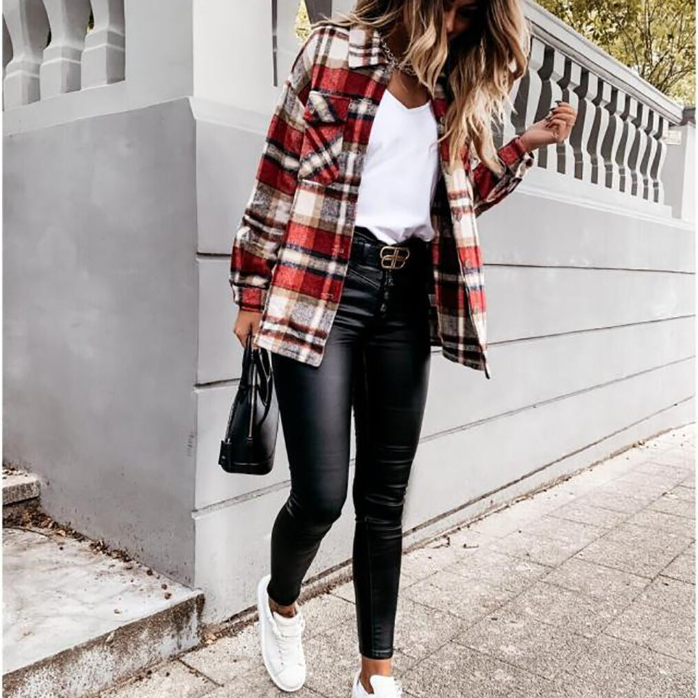 Women's long-sleeved single-breasted casual plaid shirt jacket