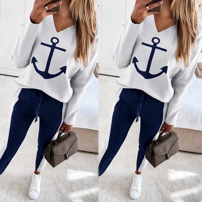 Women's wear anchor print long-sleeved V-neck fashion casual outfit