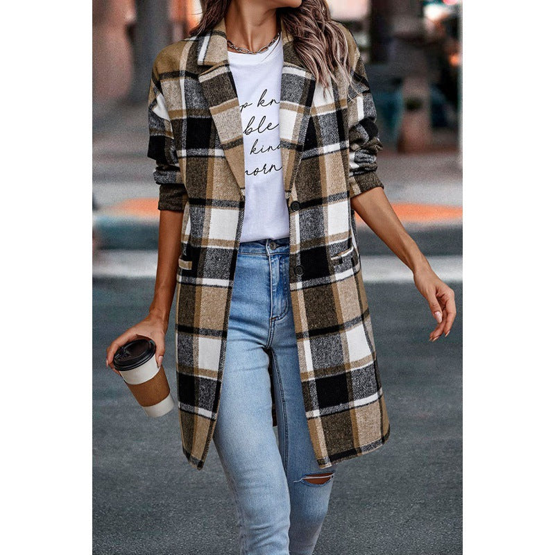 Women's Lapel Pocket Plaid Wool Coat