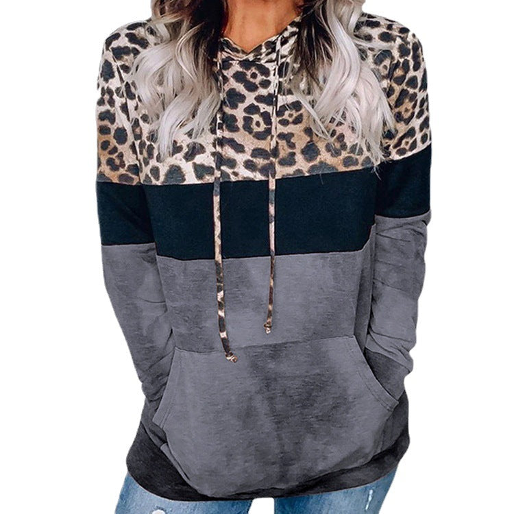 women's leopard print loose hooded long-sleeved sweater