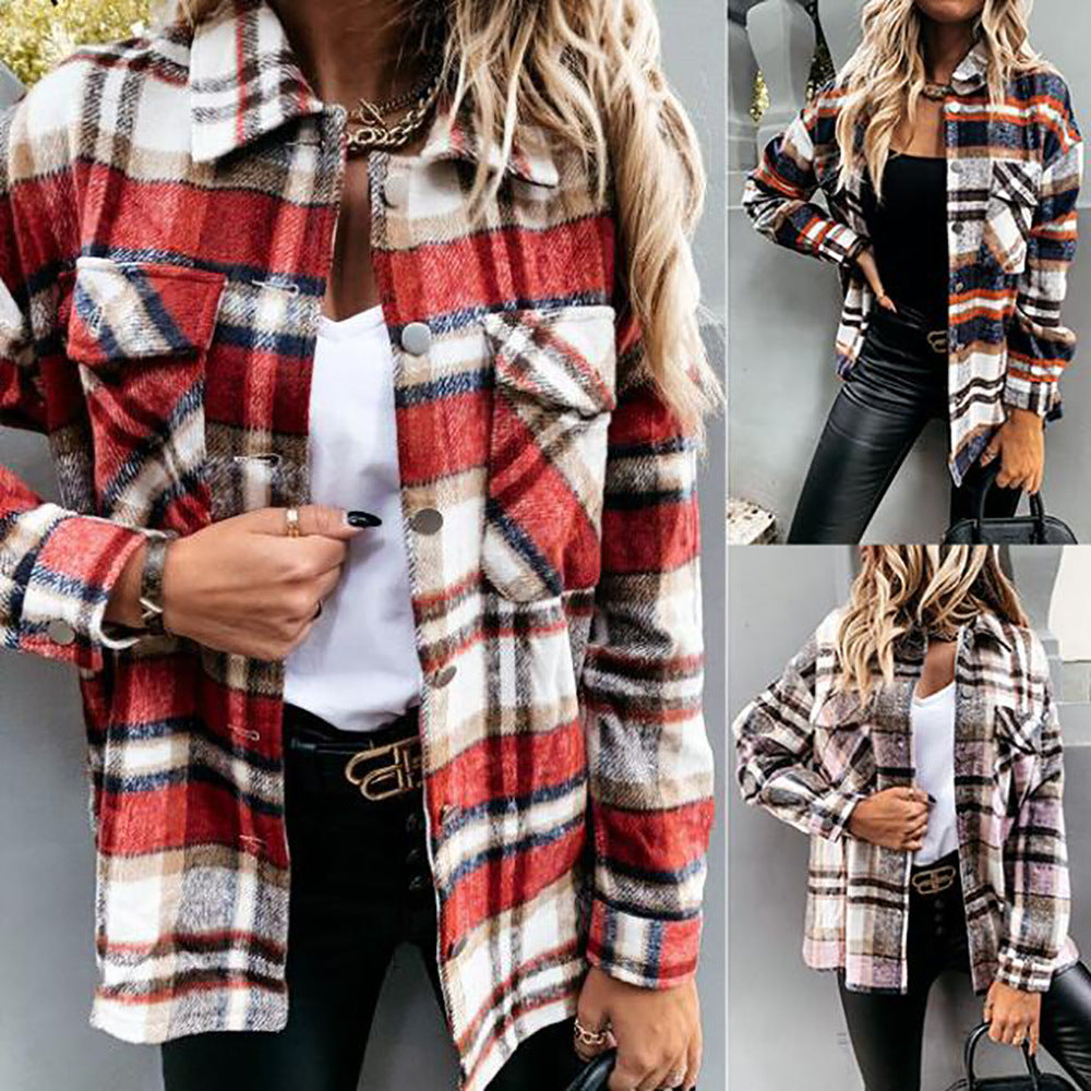 Women's long-sleeved single-breasted casual plaid shirt jacket