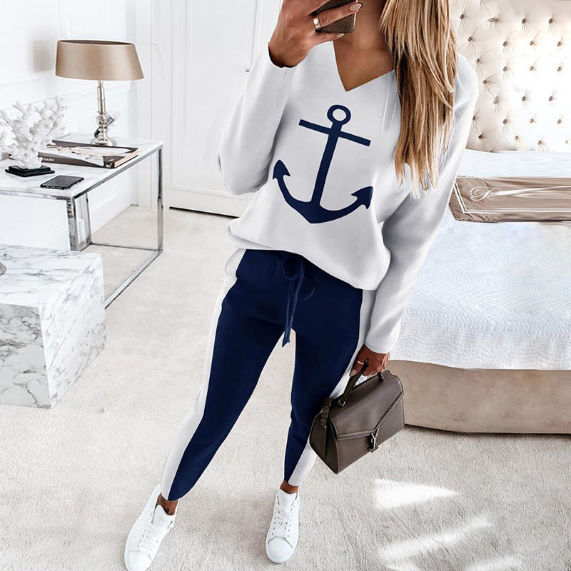 Women's wear anchor print long-sleeved V-neck fashion casual outfit