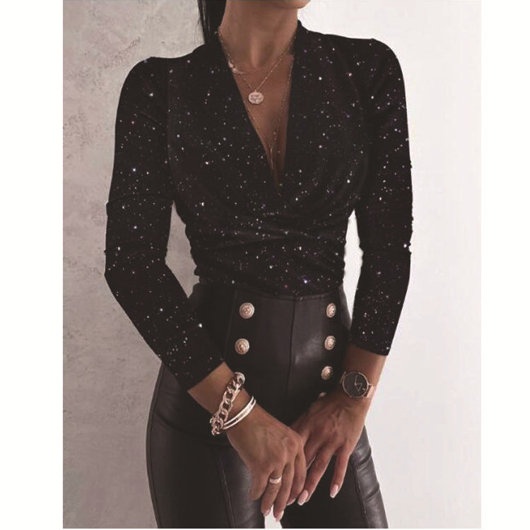 women's leopard print V-neck long-sleeved slim-fit shirt