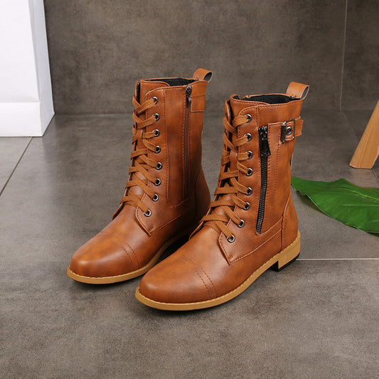 Women's casual thick-heeled solid-color leather boots