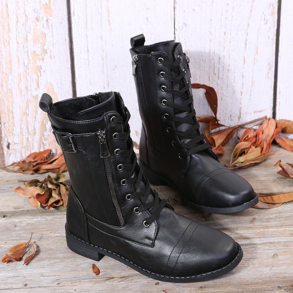 Women's casual thick-heeled solid-color leather boots