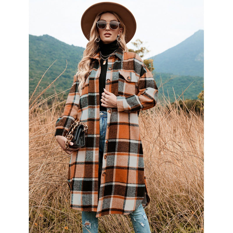 windbreaker jacket side slit lapel loose woolen plaid shirt jacket spot