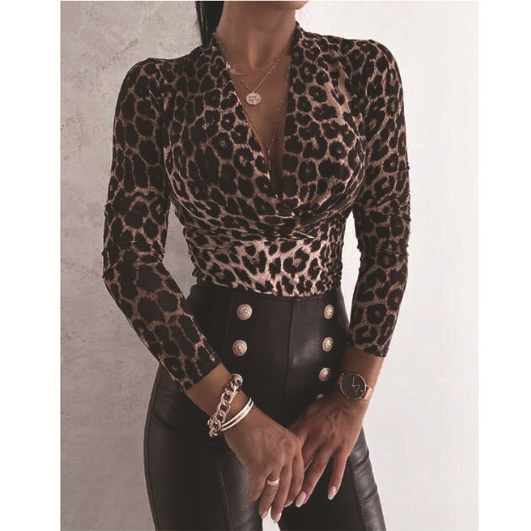 women's leopard print V-neck long-sleeved slim-fit shirt