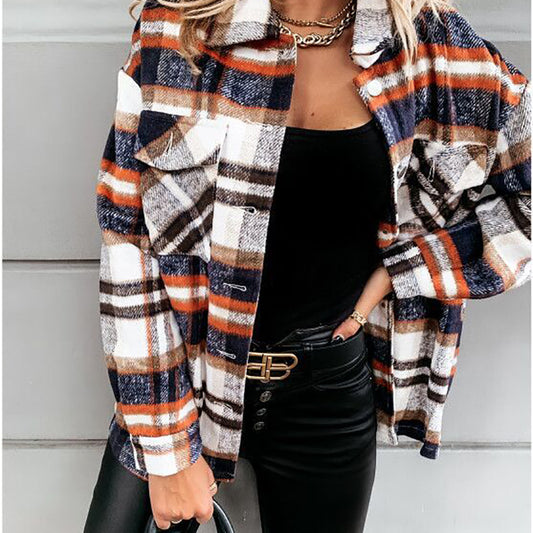 Women's long-sleeved single-breasted casual plaid shirt jacket