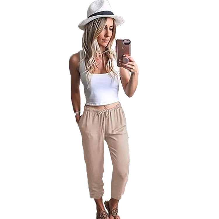 women's casual street solid color drawstring nine-point pants casual pants