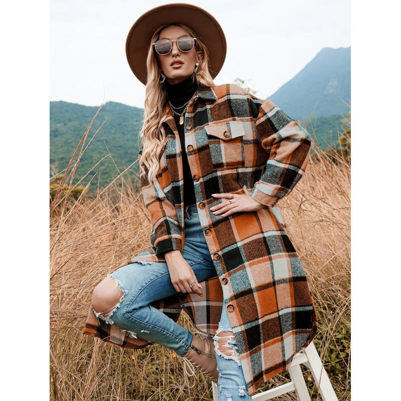 windbreaker jacket side slit lapel loose woolen plaid shirt jacket spot