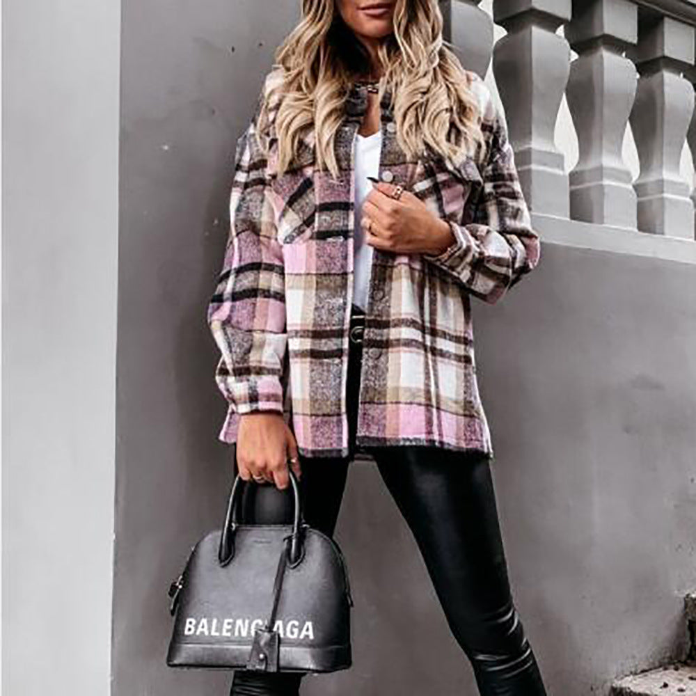 Women's long-sleeved single-breasted casual plaid shirt jacket