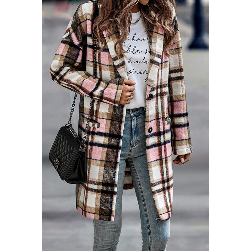 Women's Lapel Pocket Plaid Wool Coat