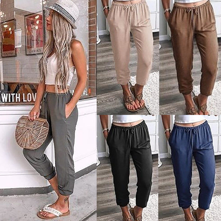 women's casual street solid color drawstring nine-point pants casual pants