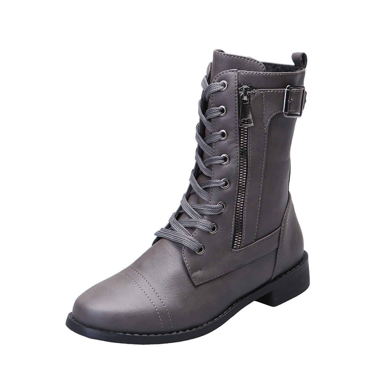 Women's casual thick-heeled solid-color leather boots