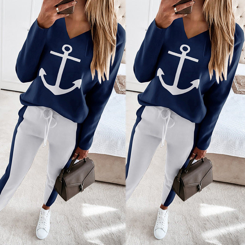 Women's wear anchor print long-sleeved V-neck fashion casual outfit