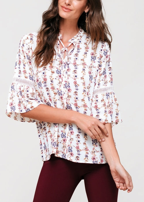 Women's Silk Tie-Neck Floral Ruffle Shirt