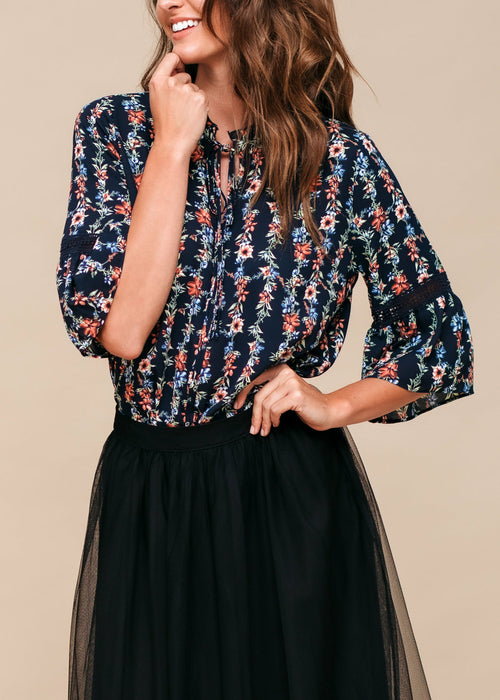 Women's Silk Tie-Neck Floral Ruffle Shirt