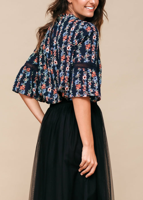 Women's Silk Tie-Neck Floral Ruffle Shirt