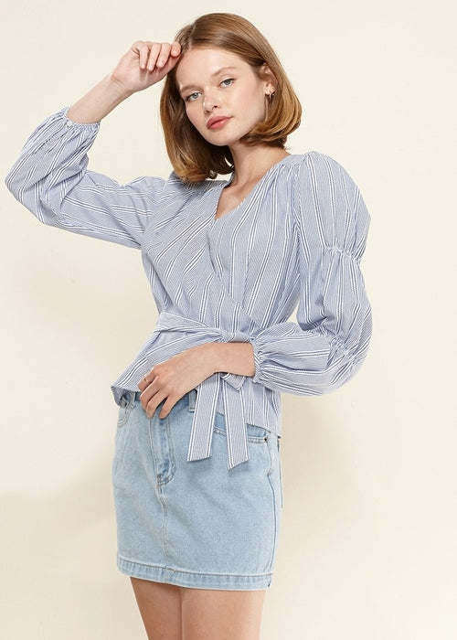 Smocked Sleeve Stripe Wrap Blouse in Blue