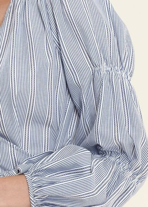 Smocked Sleeve Stripe Wrap Blouse in Blue