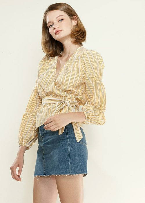 Smocked Sleeve Stripe Wrap Blouse in Yellow