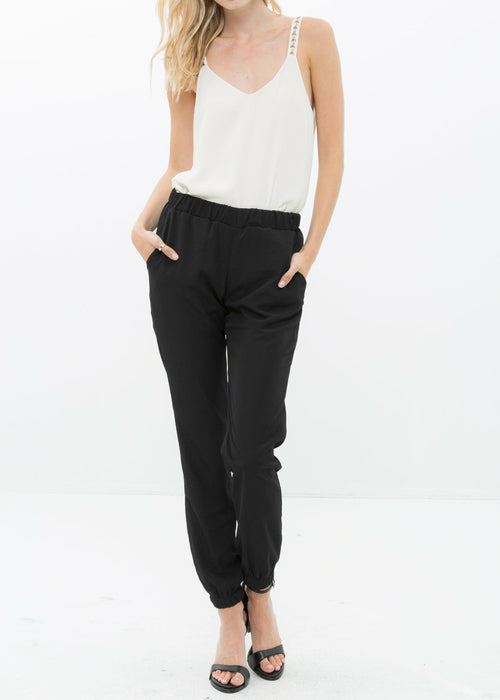 Women's Ankle Cuffed Black Crepe Pants In Black