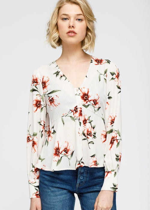 Rust Flower Empire Waist Peplum Blouse In Taupe