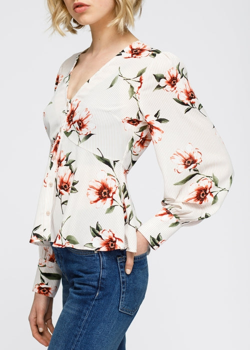 Rust Flower Empire Waist Peplum Blouse In Taupe