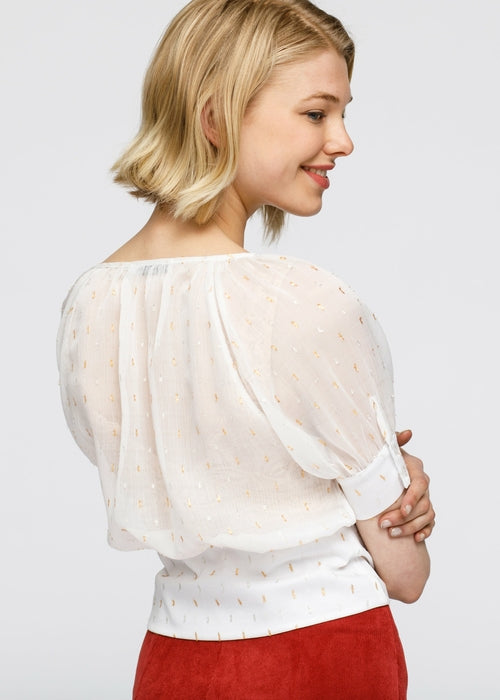 Sheer Puff Shoulder Crop Top Blouse In White