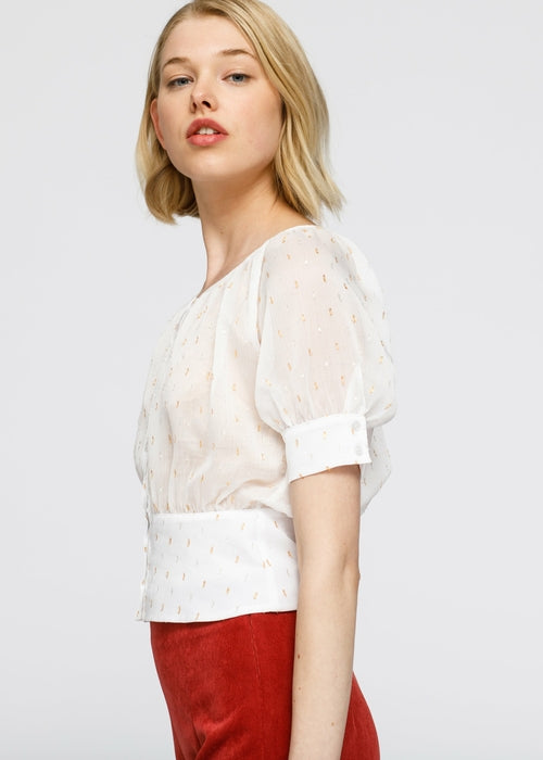 Sheer Puff Shoulder Crop Top Blouse In White