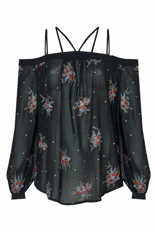 Off Shoulder Embroidery Print Blouse in Black