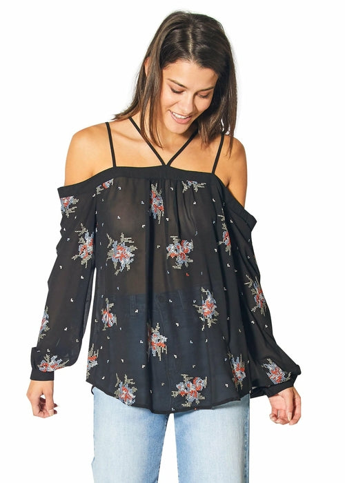 Off Shoulder Embroidery Print Blouse in Black