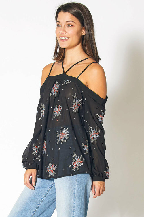 Off Shoulder Embroidery Print Blouse in Black