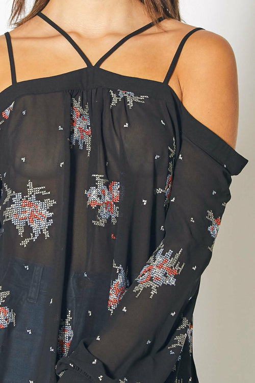 Off Shoulder Embroidery Print Blouse in Black